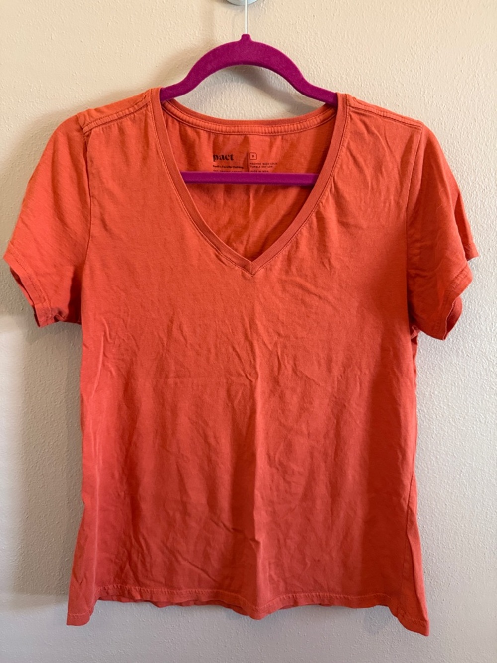 Pact Women's V-Neck Short Sleeve Tee in Coral
